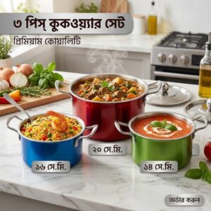 Premium 3-Piece Metallic Stainless Steel Cookware Pot Set (16cm, 18cm, 20cm)